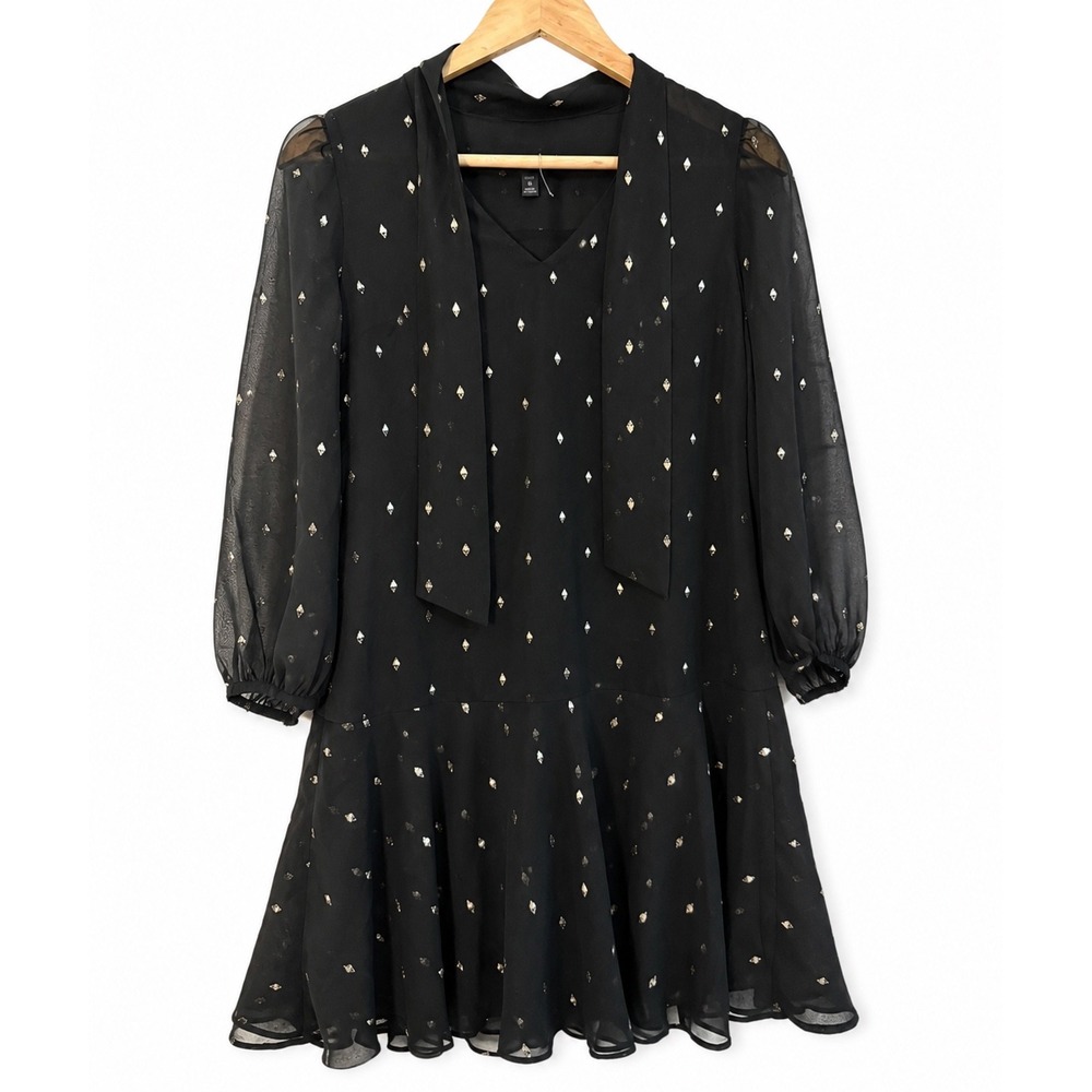 Banana Republic Black  Gold Metallic Fil Coupe Tie Neck Mini Dress Petite 00